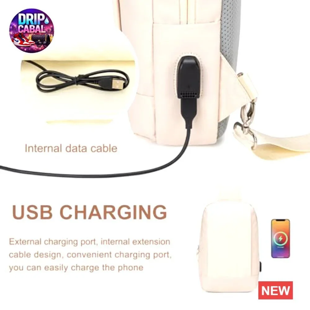 PU Leather Sling Bag with USB Charging Port, Adjustable Strap